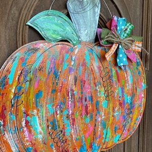 Pumpkin door hanger, distressed decor, paint smear, fall decor, hand painted, wood cut out