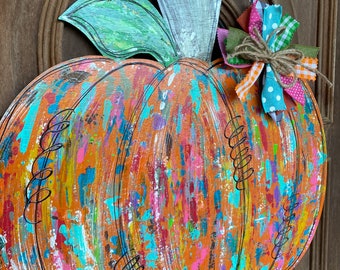 Pumpkin door hanger, distressed decor, paint smear, fall decor, hand painted, wood cut out