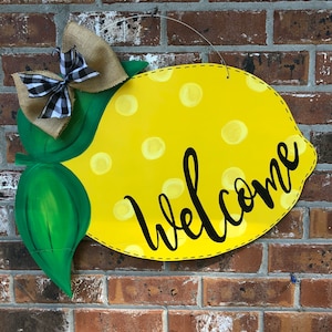 Lemon door hanger, welcome sign, summer door hanger , hand painted, wood cut out,