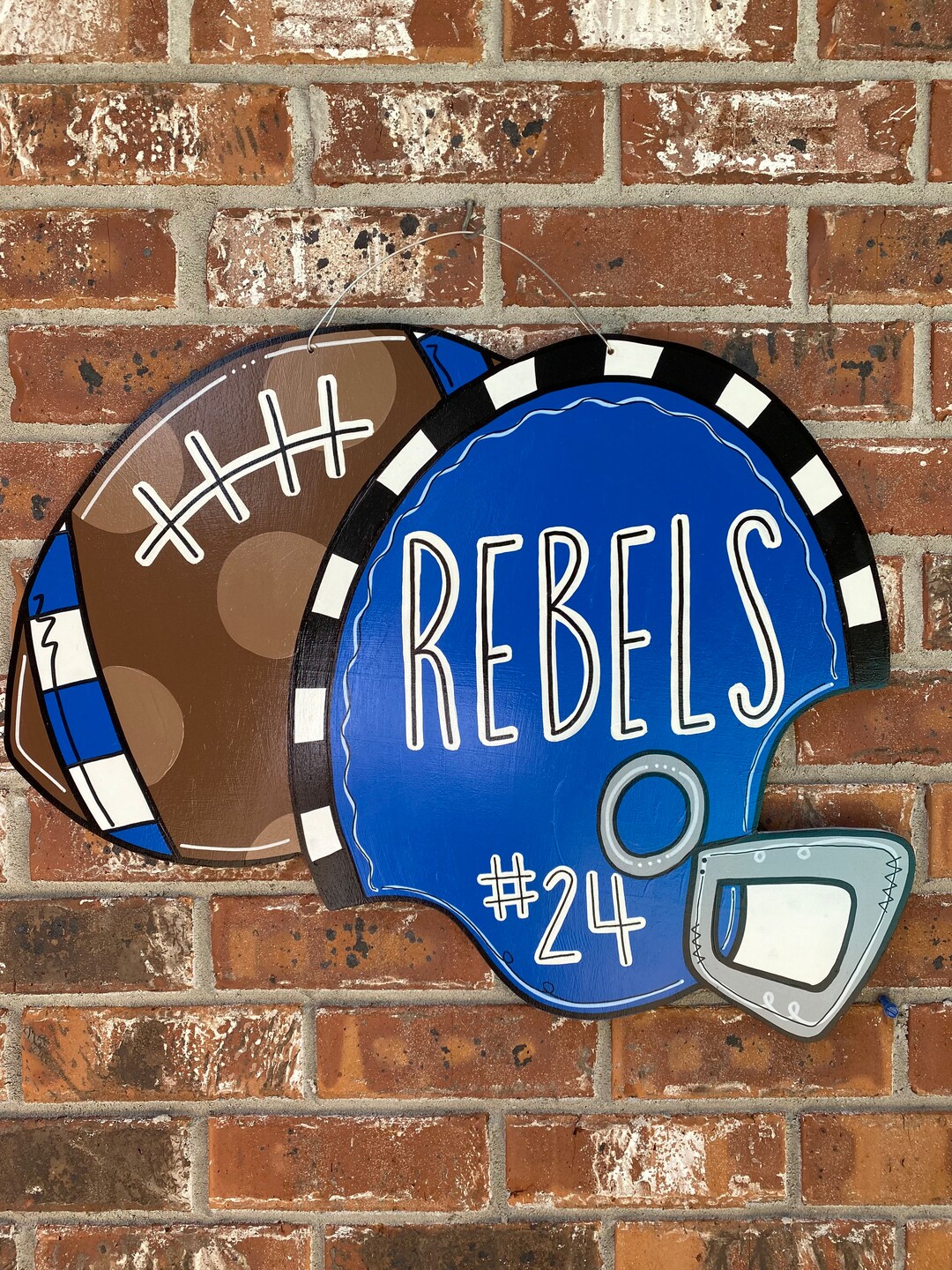 Football and Helmet Door Hanger, Wood Cut Out, Personalized Football