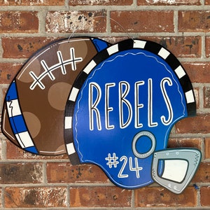 Football and helmet door hanger, wood cut out, personalized football, high school