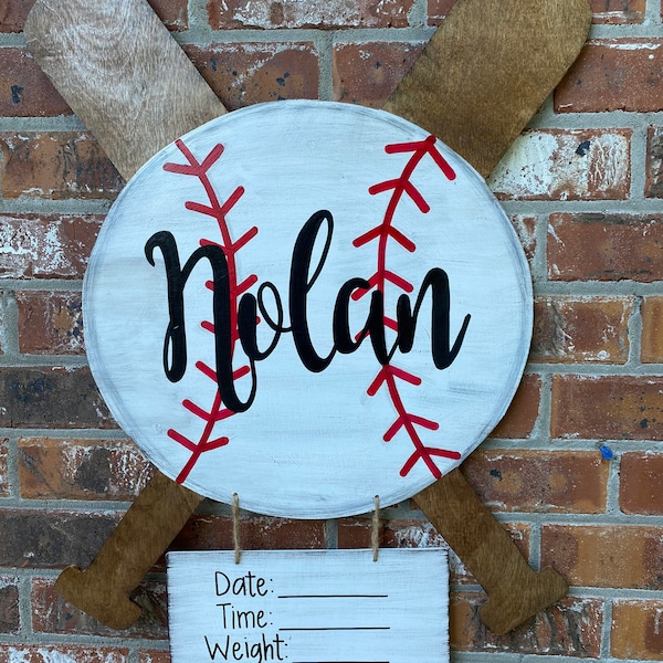 Baseball door hanger, birth announcement, baby boy door hanger, hand painted, wooden