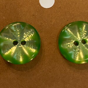 May include: Two green plastic buttons with a shiny finish and two holes.