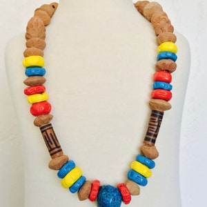 Handmade Terracotta Red Blue Yellow Heavy Clay Boho Estate Necklace Leather Cord image 1