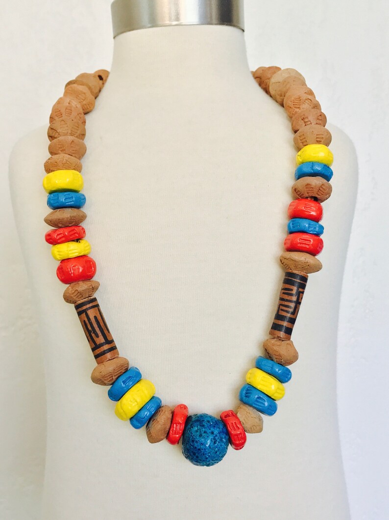 Handmade Terracotta Red Blue Yellow Heavy Clay Boho Estate Necklace Leather Cord image 1