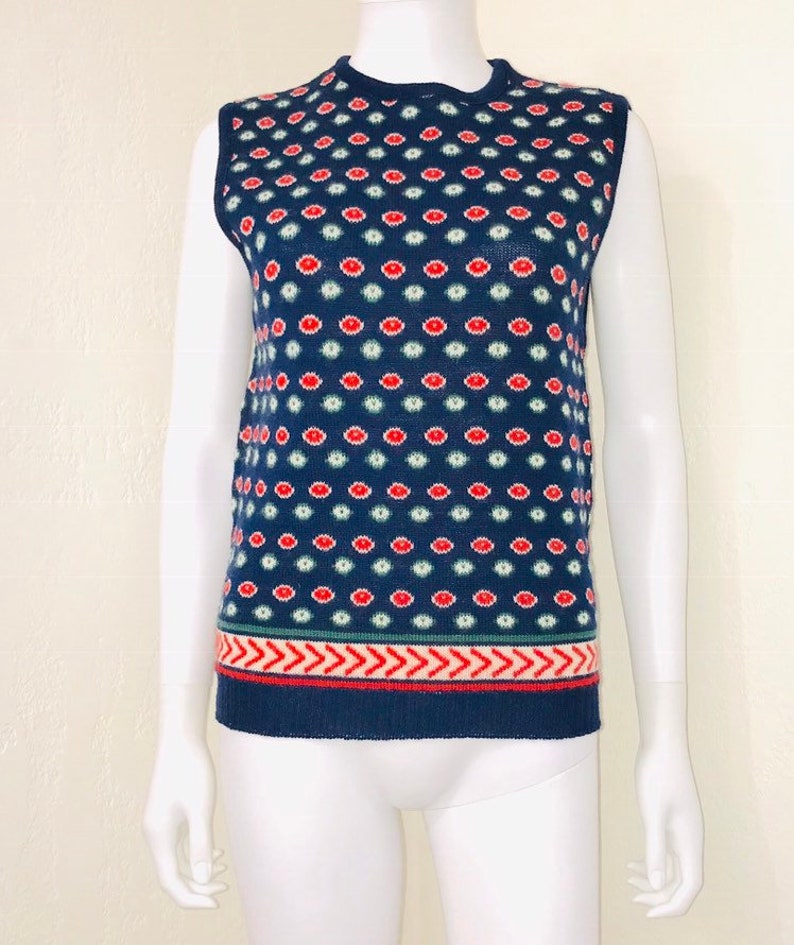 Vintage Pendleton Navy Red Green Dot Sleeveless Wool Pullover Sweater Size S EUC