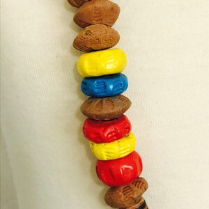 Handmade Terracotta Red Blue Yellow Heavy Clay Boho Estate Necklace Leather Cord image 3