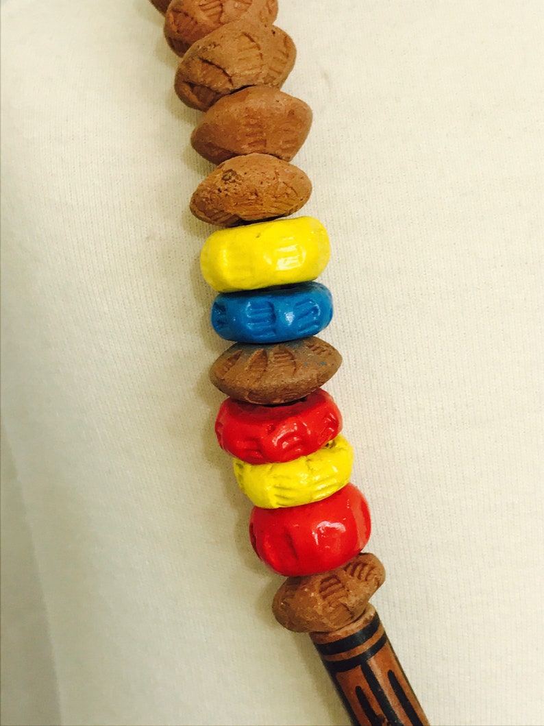 Handmade Terracotta Red Blue Yellow Heavy Clay Boho Estate Necklace Leather Cord image 3