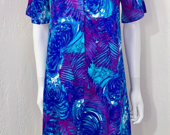 Vtg Hale Muu Hawaiian Blue Purple Watercolor Floral Tiki Host Dress Size M EUC