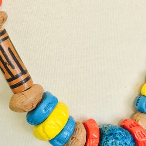 Handmade Terracotta Red Blue Yellow Heavy Clay Boho Estate Necklace Leather Cord image 2