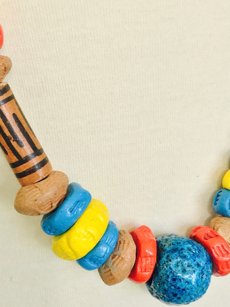 Handmade Terracotta Red Blue Yellow Heavy Clay Boho Estate Necklace Leather Cord image 2