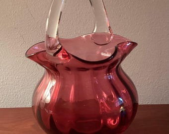 Vintage Ribbed Cranberry Handblown Clear Handle Basket Dish