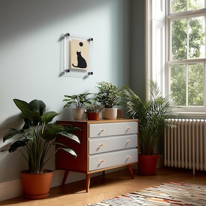May include: A wooden dresser with three light gray drawers and small round knobs, positioned against a wall. Above the dresser hangs a clear acrylic frame containing a beige print of a black cat silhouette and a black circle.