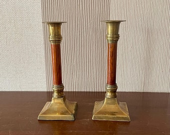 2 Vintage Brass And Wood Candle Holders.