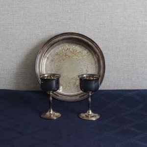 2 Vintage silver plated goblets, liqueur goblets, cognac goblets with silver plated tray.