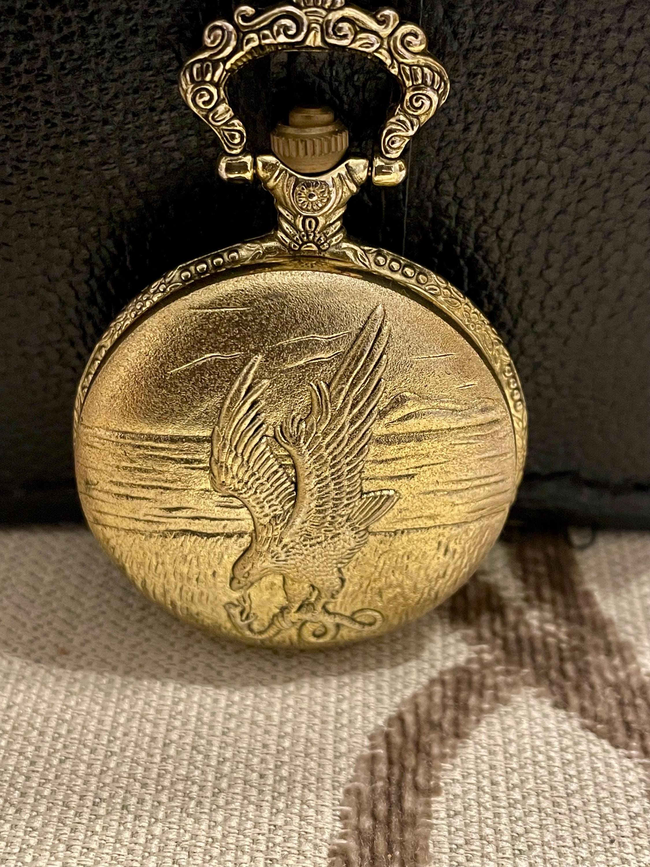Vintage Gold-tone Quartz Pocket Watch With Eagle Motif. Good