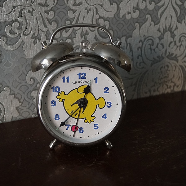 Vintage metal mechanical alarm clock, 'Mr. Bounce' vintage alarm clock, table clock.