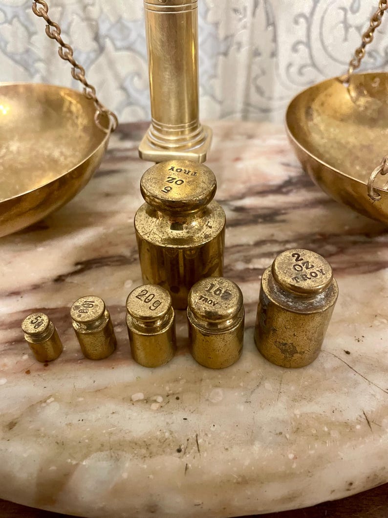 Antique Brass Balance Scale With a Marble Base and a Set of 6 Brass ...