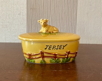 Vintage butter dish, ceramic food tank, vintage Jersey tableware.