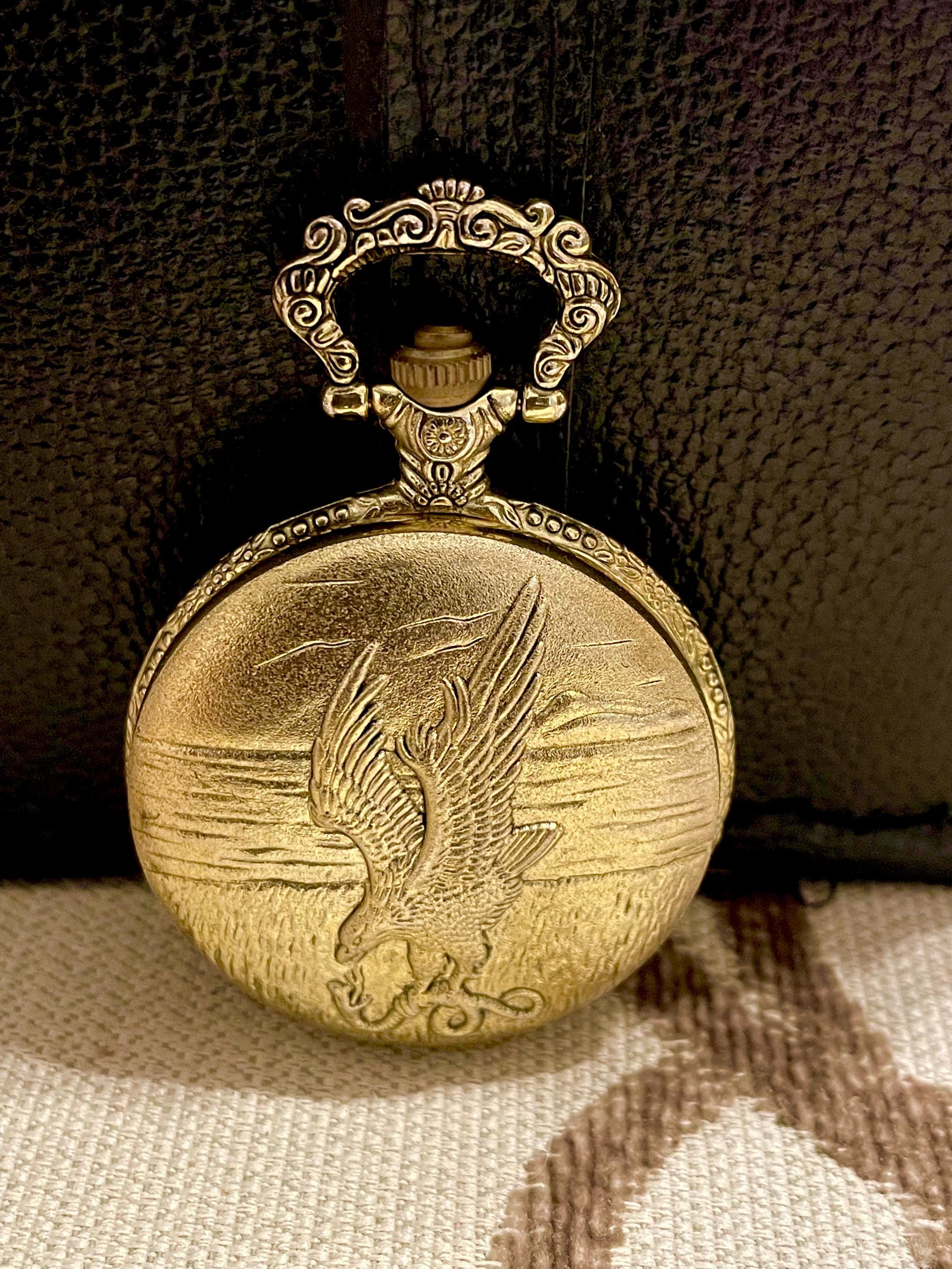 Vintage Gold-tone Quartz Pocket Watch With Eagle Motif. Good