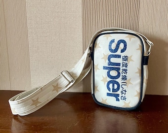Superdry Limited Edition Side Bag, White Blue Glitter Logo.