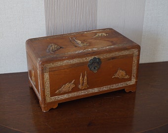 Large solid wooden box, vintage wooden storage box in oriental style.