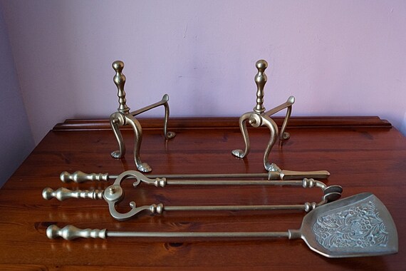 Vintage Brass Fireplace Tools Set Brass Fireplace Andirons Etsy