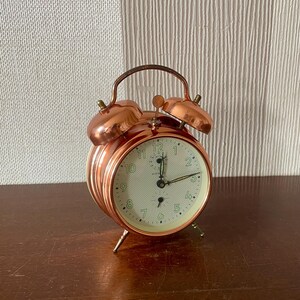 Vintage Kenzle Copper Mechanical Alarm Clock Made In Germany, Large Twin Bell Table Clock Good Working.
