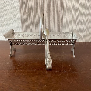 Vintage silver plate serving dish, vintage silver plated bowl with small silver plated tongs.
