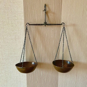 Antique apothecary scales, antique copper hanging scales, copper balance scales.