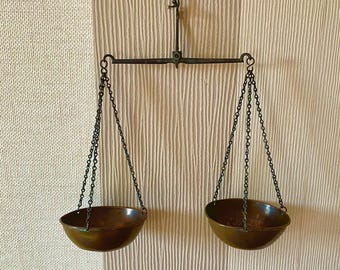 Antique apothecary scales, antique copper hanging scales, copper balance scales.