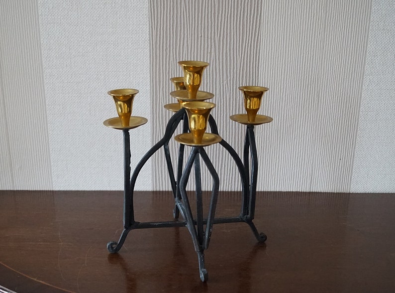 Vintage Large Size Forged Candle Holder With Brass Elements, Vintage Forged Chandelier. image 4