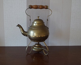 Vintage brass teapot, brass kettle with brass stand and heater.