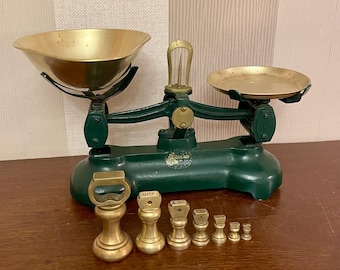 Vintage Style large Librasco scales with brass pans and 7 brass weights, kitchen scale, market scale.