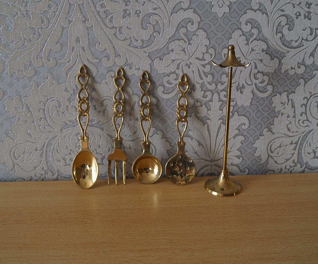 4 Vintage Mini Brass Kitchen Tools 2 Spoons Fork Noodle Etsy