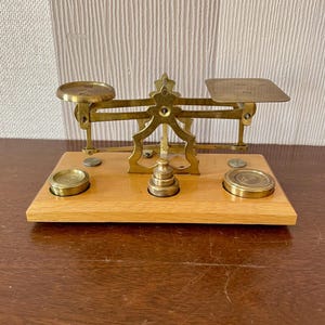 Vintage Postal Balance Scales With Weights Made From Brass and Wood.