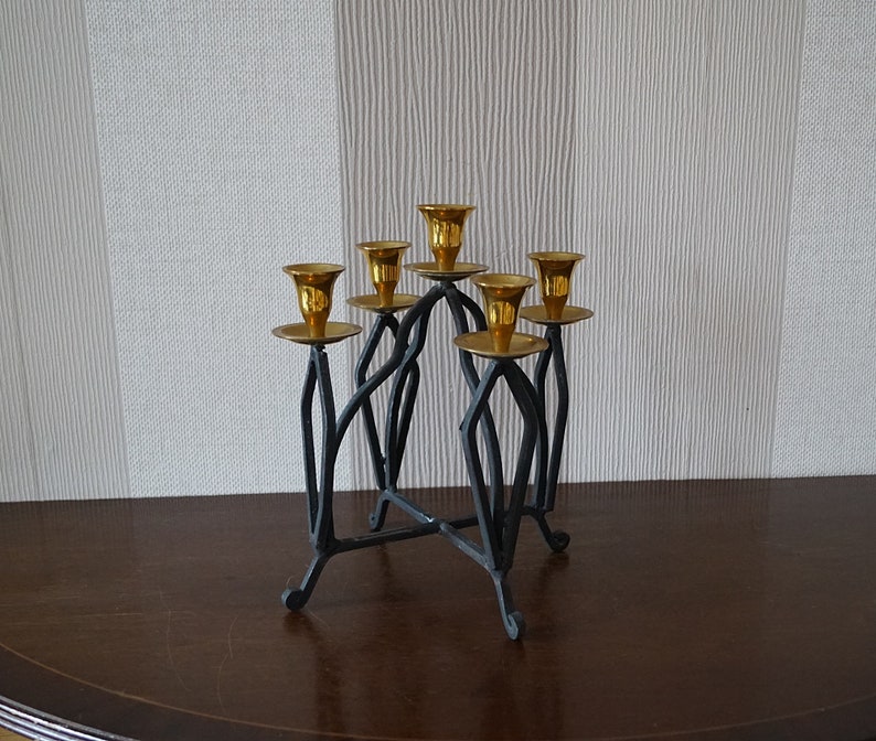 Vintage Large Size Forged Candle Holder With Brass Elements, Vintage Forged Chandelier. image 2