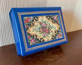 Vintage Style Storage Box Made From Artificial Leather With Tapestry Covering, Vintage Jewellery Box.