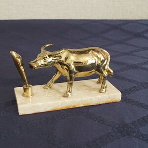 Vintage Office Desk Accessory, Brass Bull, and Pen Holder on The Stone Stand.