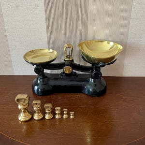 Vintage Style large scales with brass pans and 6 brass weights, kitchen scale, market scale.