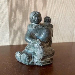 Vintage Inuit Style Soapstone Carving – Woman with Child and Dog, Arctic Indigenous Folk Art.