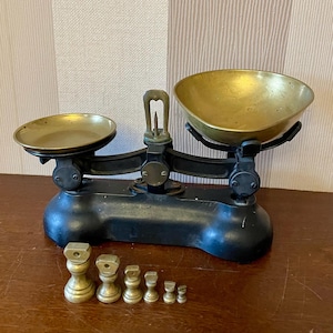 Vintage Librasco Style Scales, Brass Pans, Iron Body, 6 Brass Weights, Kitchen Market Scale