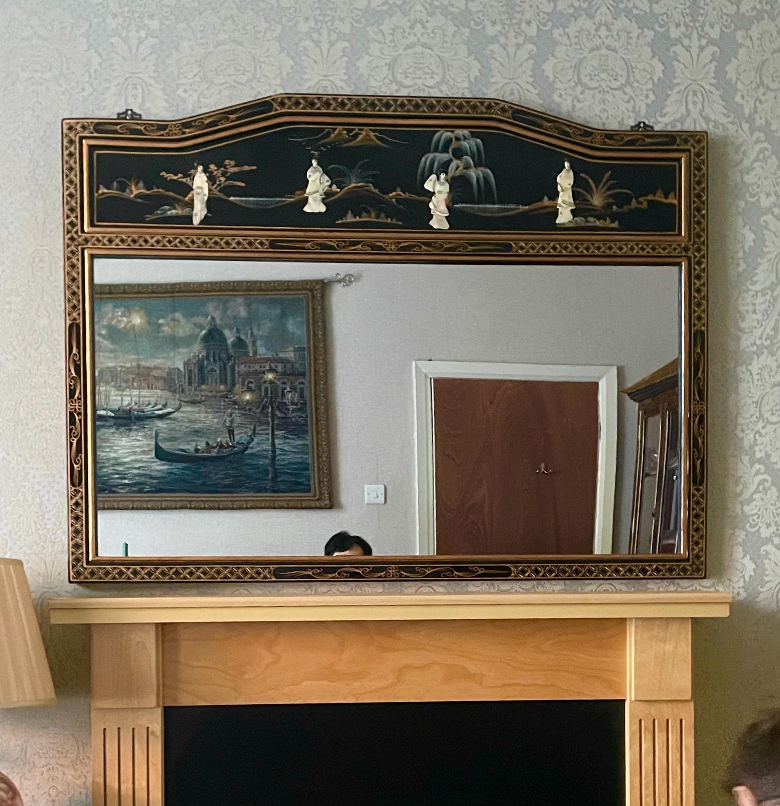 アジアン調　鏡 Chinoiserie Black Lacquer Mother of Pearl Oriental Mirror Large