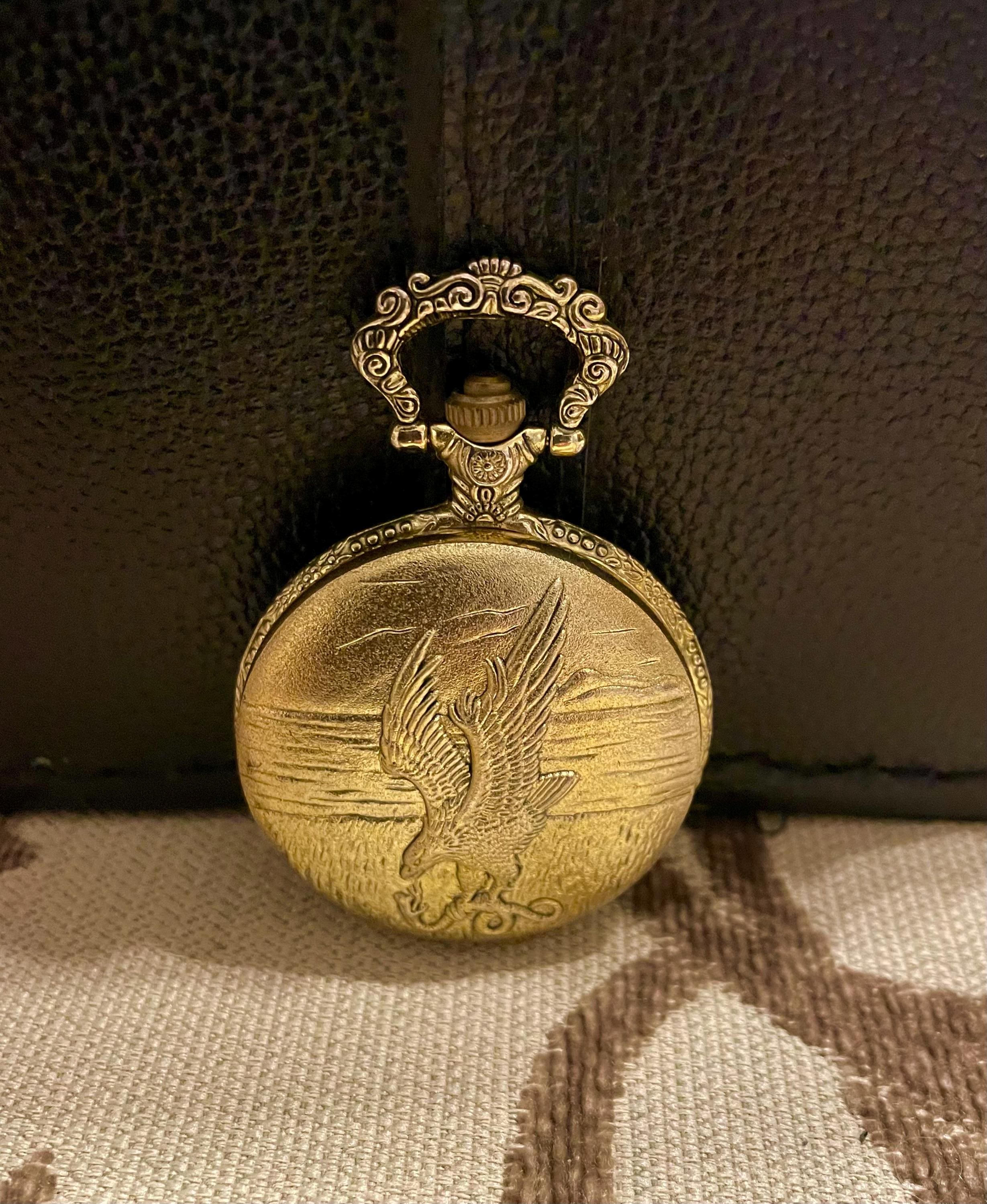 Vintage Gold-tone Quartz Pocket Watch With Eagle Motif. Good