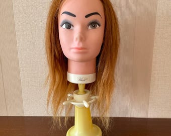 Vintage hairdressing training head, a mannequin head, cosmetology mannequin  with a stability stand.