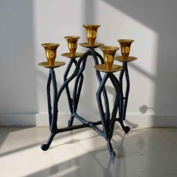 Vintage Large Size Forged Candle Holder With Brass Elements, Vintage Forged Chandelier.