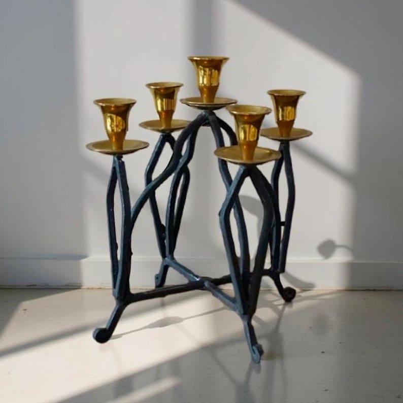 Vintage Large Size Forged Candle Holder With Brass Elements, Vintage Forged Chandelier. image 1