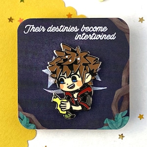May include: A cartoon character with brown hair and a red shirt holding a yellow object. The text "Their destinies become intertwined" is above the character.