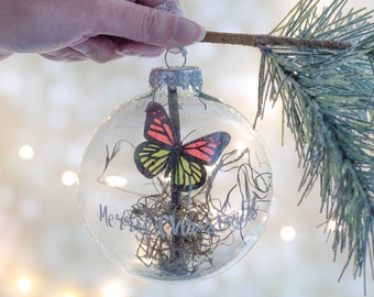 Holiday decor | Red and green Christmas decor | Large glass ball with butterfly