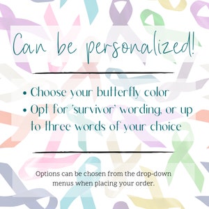 May include: White background with watercolor ribbons in pastel colors. Text reads "Can be personalized!" with options to choose butterfly color and wording. Options are chosen from drop-down menus.